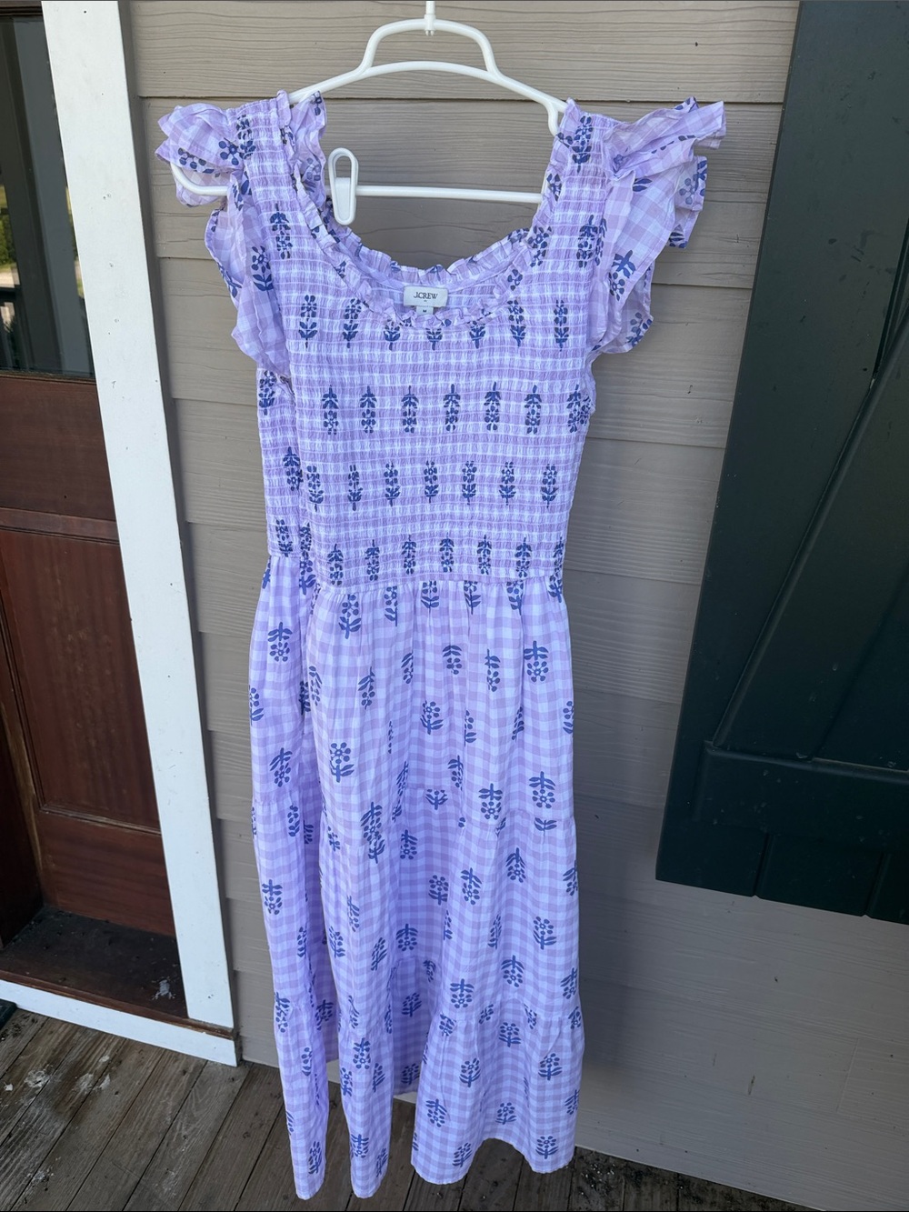 J. Crew Lavender and Blue Floral Smocked Midi Dress